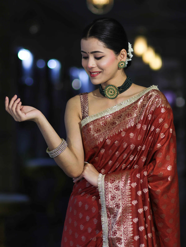 Banarasee Handloom Semi Silk Saree With Zari Buti Design & Lace Border-Dark Rust
