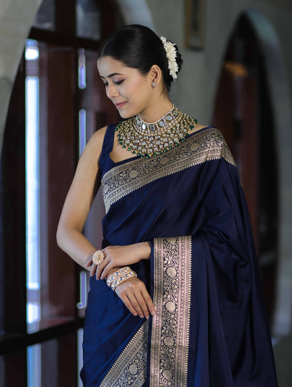 Banarasee Handwoven Plain Semi Katan Saree With Gold Zari Border-Blue