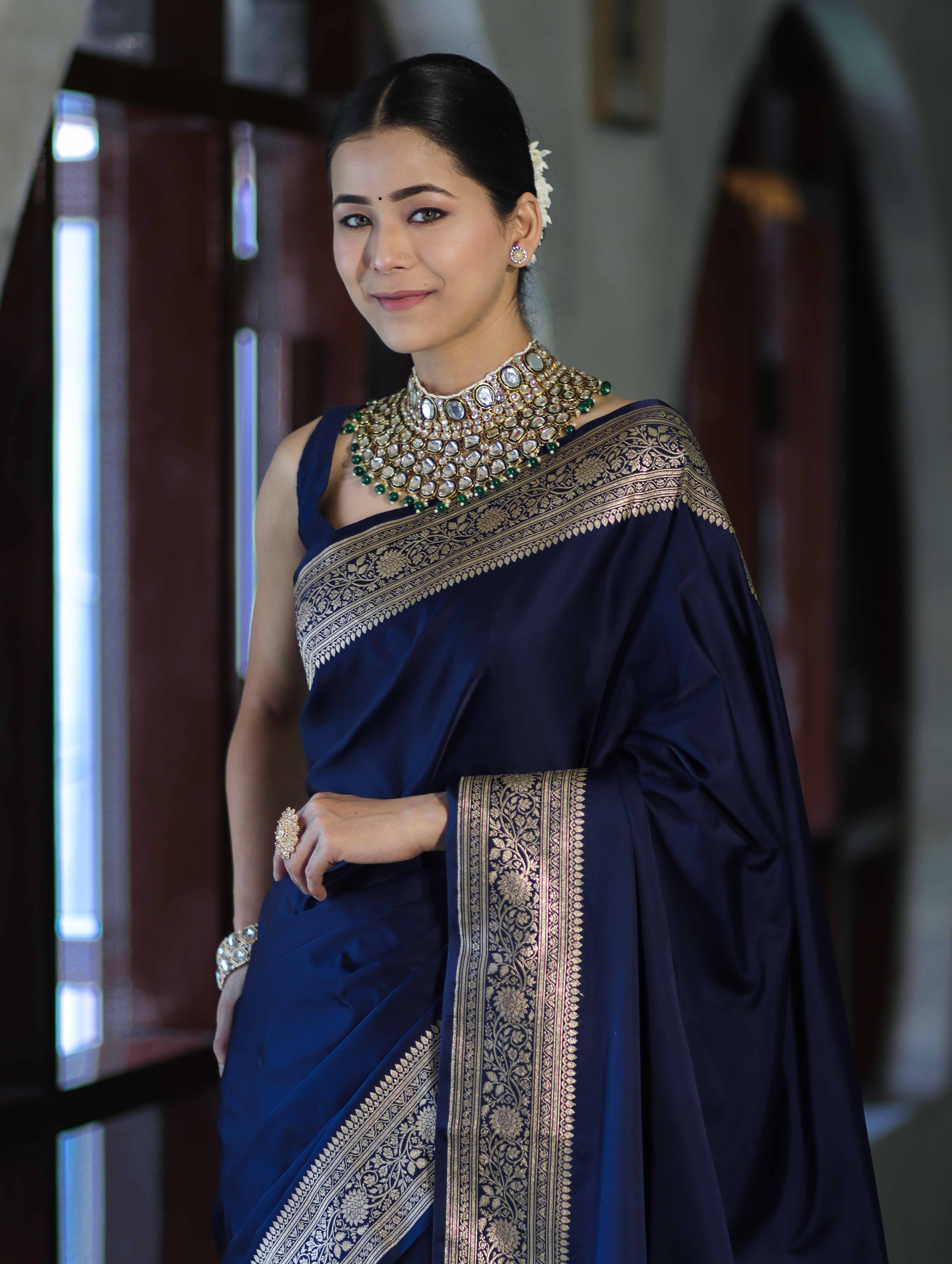 Banarasee Handwoven Plain Semi Katan Saree With Gold Zari Border-Blue