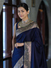 Banarasee Handwoven Plain Semi Katan Saree With Gold Zari Border-Blue