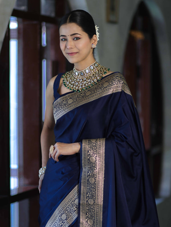Banarasee Handwoven Plain Semi Katan Saree With Gold Zari Border-Blue