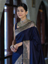 Banarasee Handwoven Plain Semi Katan Saree With Gold Zari Border-Blue