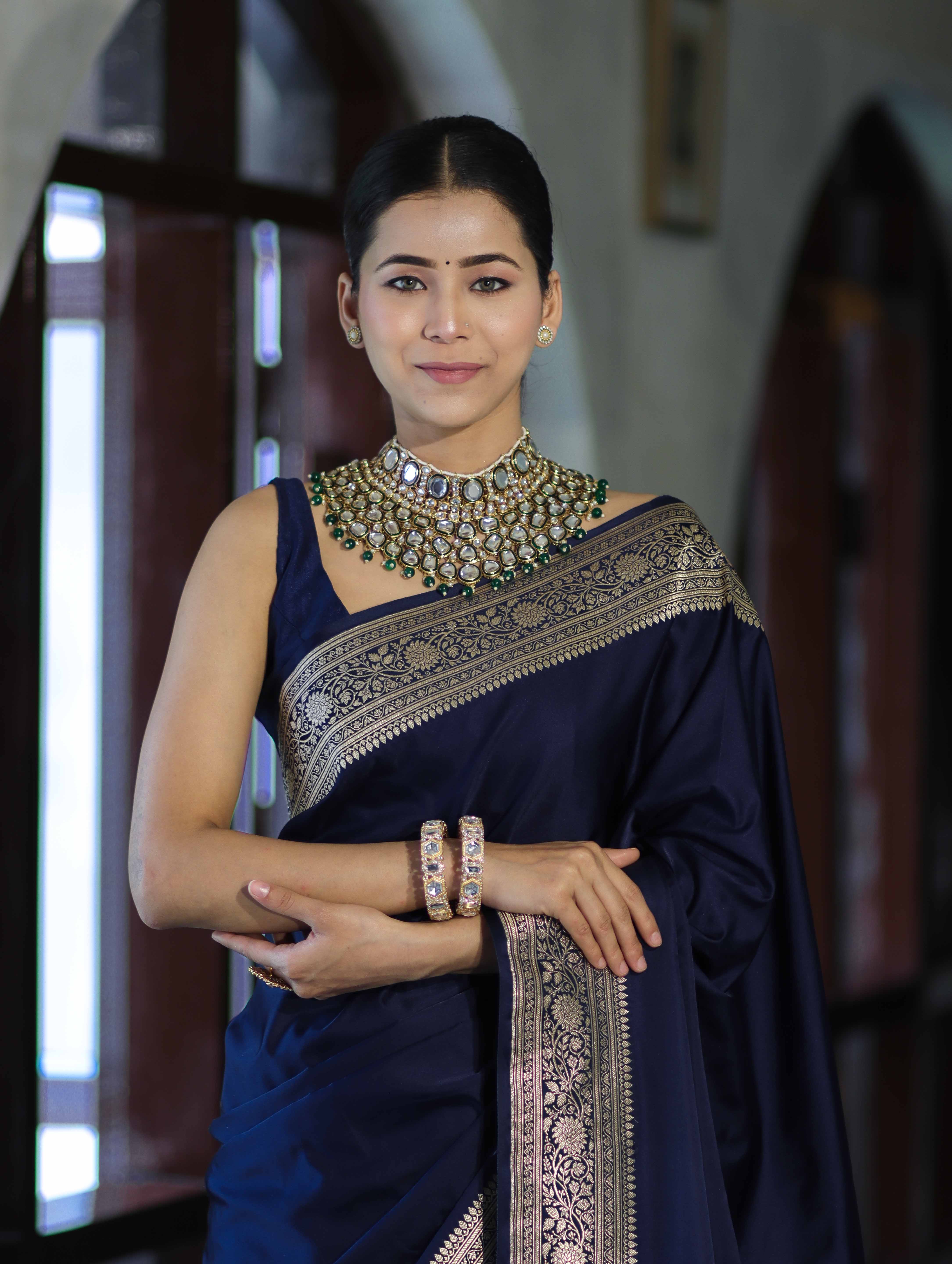 Banarasee Handwoven Plain Semi Katan Saree With Gold Zari Border-Blue