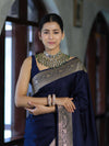 Banarasee Handwoven Plain Semi Katan Saree With Gold Zari Border-Blue