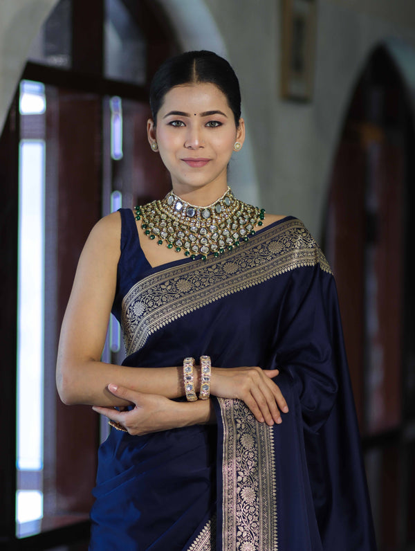 Banarasee Handwoven Plain Semi Katan Saree With Gold Zari Border-Blue