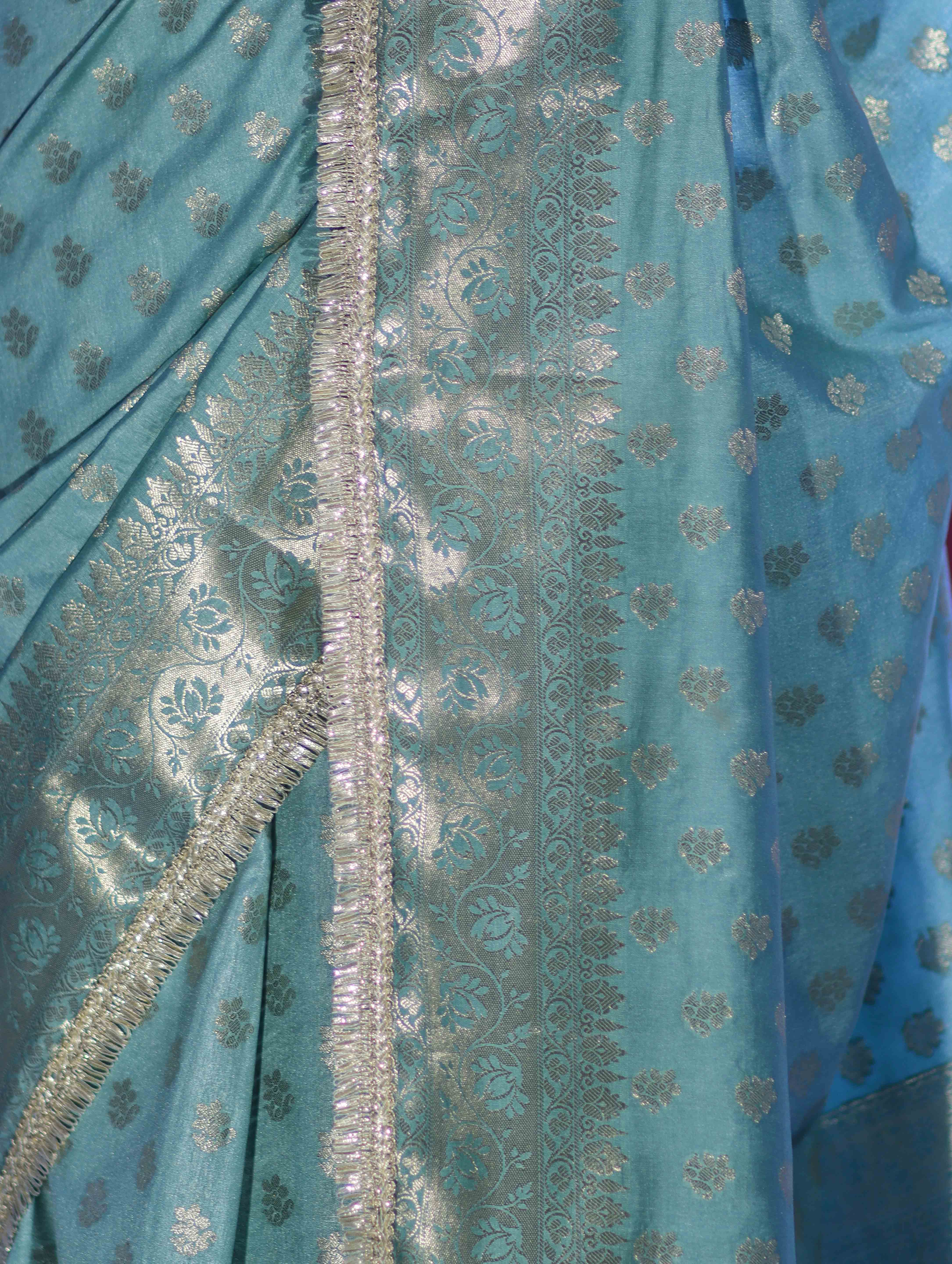 Banarasee Handloom Semi Silk Saree With Zari Buti Design & Lace Border-Mint Blue