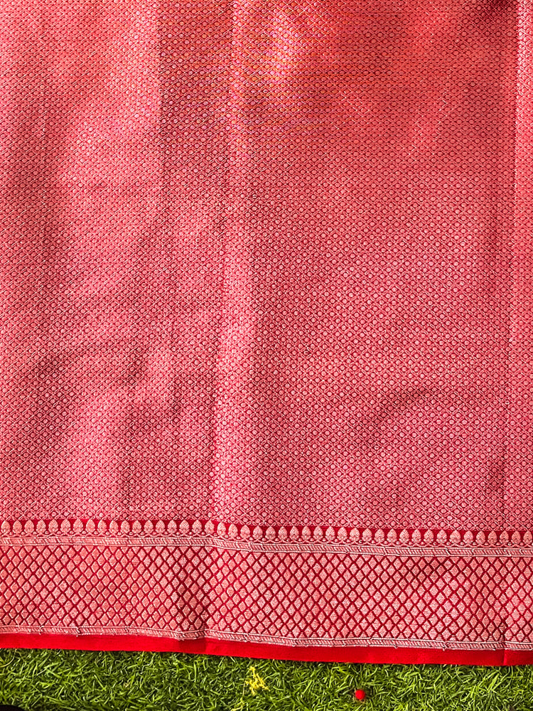 Banarasee Semi Chiffon Saree With Buti Design & Zari Border-Red & White