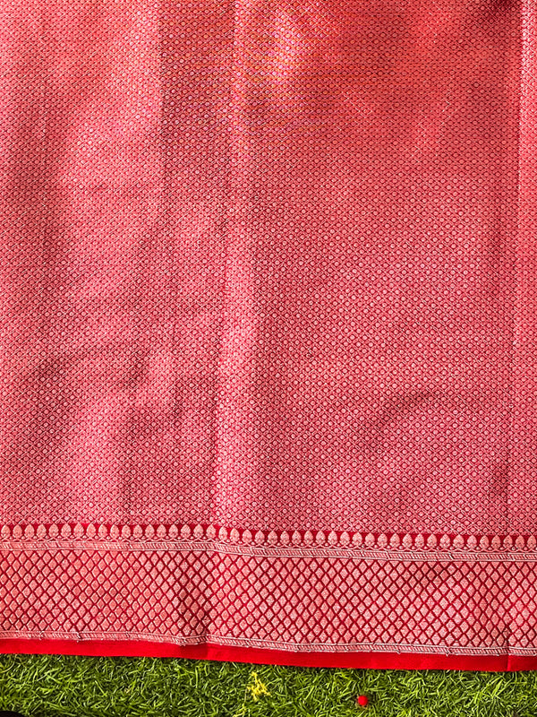 Banarasee Semi Chiffon Saree With Buti Design & Zari Border-Red & White