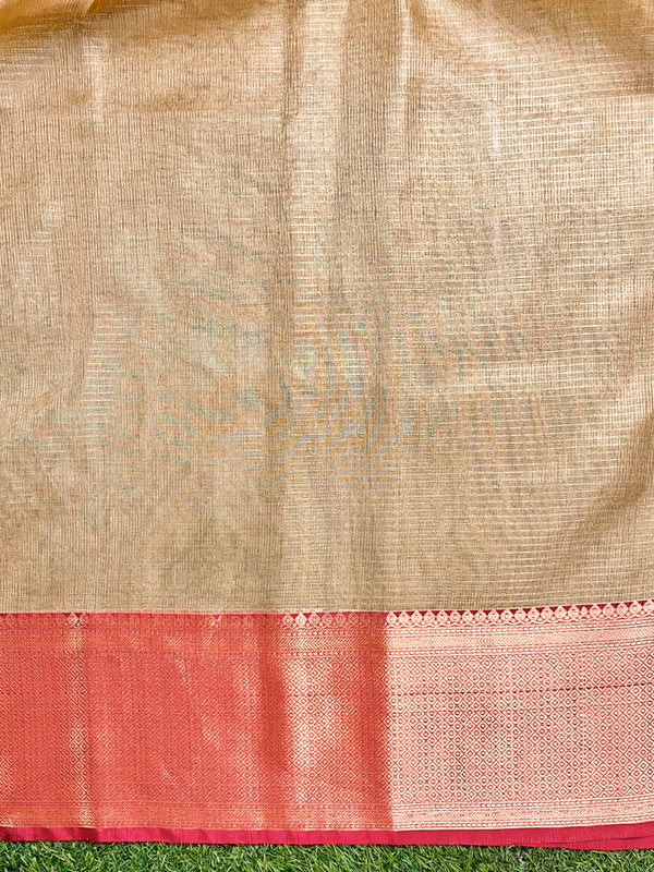 Banarasee Handwoven Broad Border Tissue Saree With Embroidered Design-Gold & Red