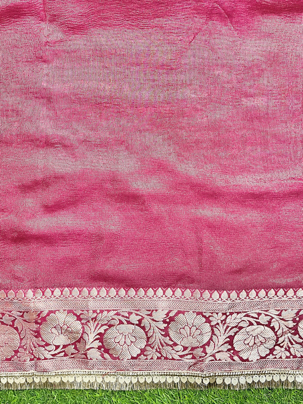 Banarasee Handwoven Plain Crushed Tissue Saree With Zari Border & Lace-Pink