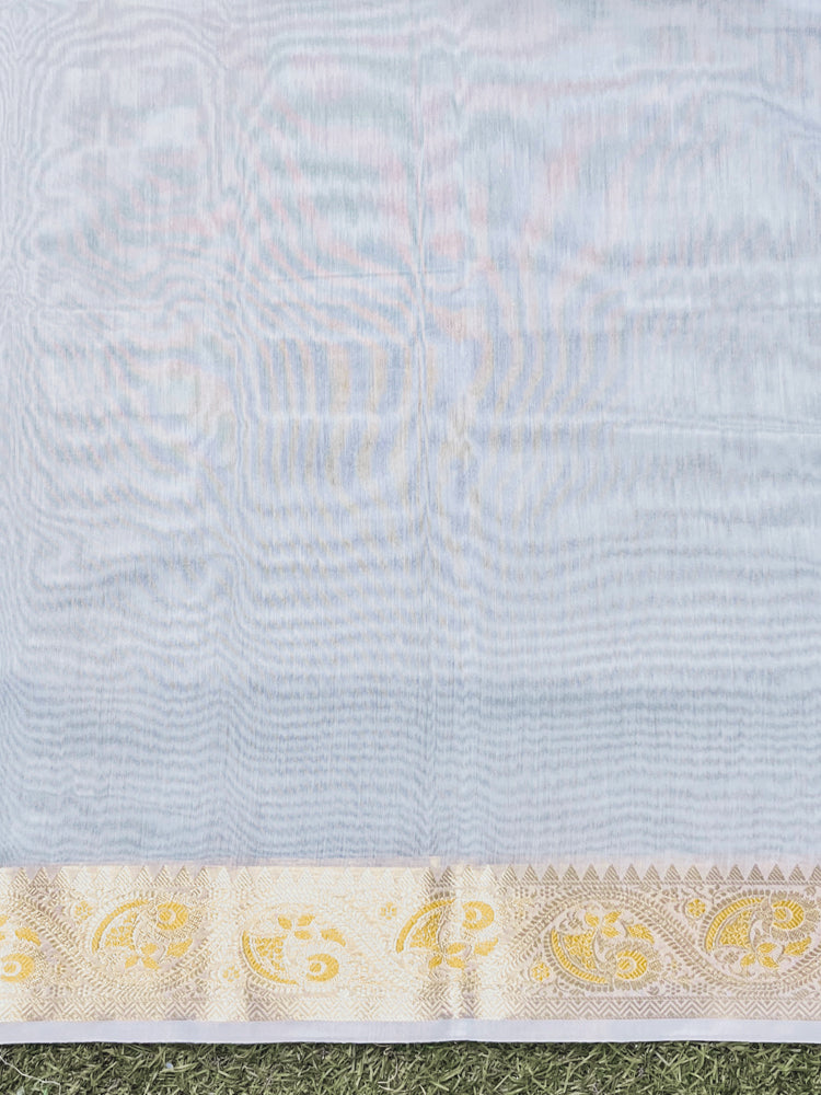 Banarasee Cotton Silk Plain Saree With Floral Zari Border-Light Blue