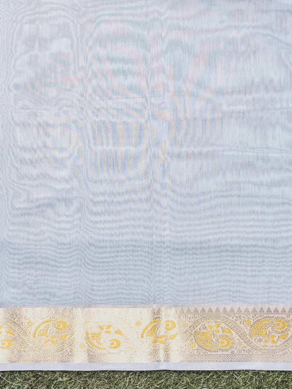 Banarasee Cotton Silk Plain Saree With Floral Zari Border-Light Blue