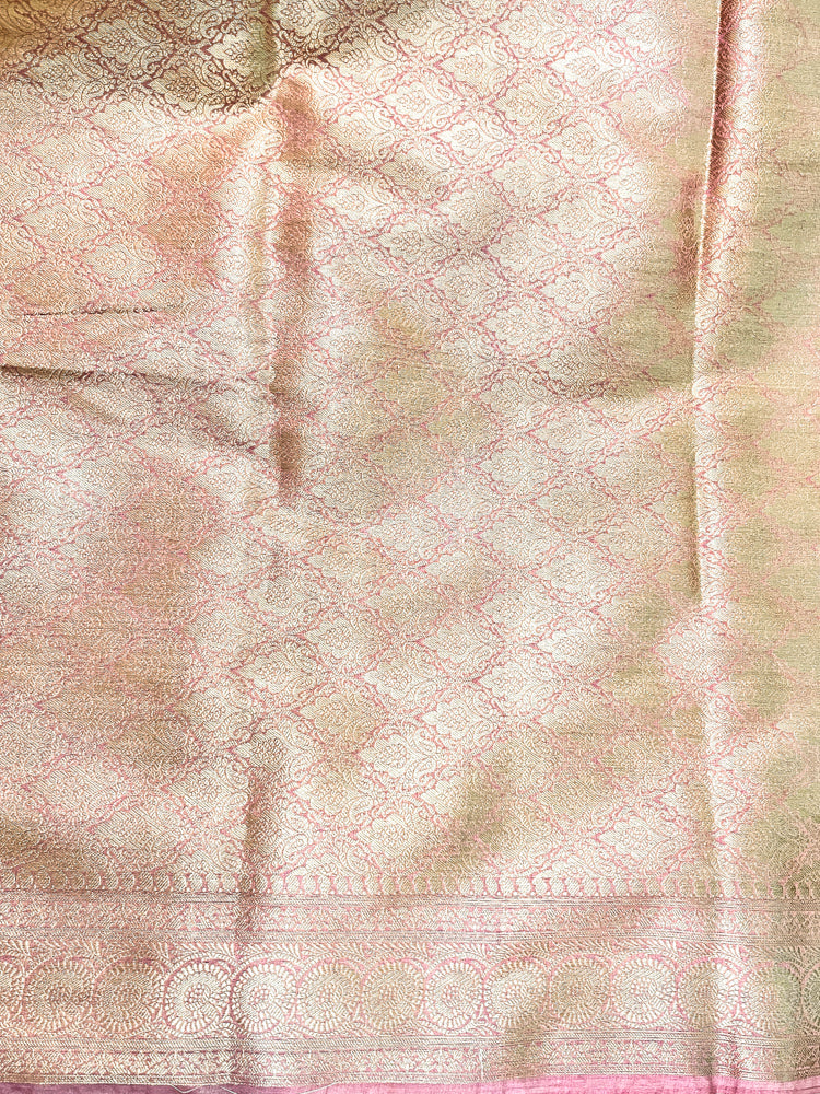 Banarasee Handwoven Semi Silk Saree With Gold Zari Buti & Border-Blush Pink