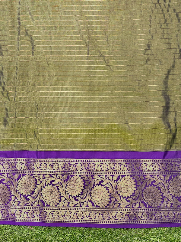 Banarasee Handloom Semi Silk Saree With Zari Checks Design & Contrast Border-Green & Purple
