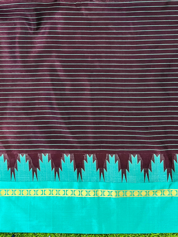 Banarasee Handloom Semi Silk Saree With Zari Checks Design & Temple Border-Burgundy & Green