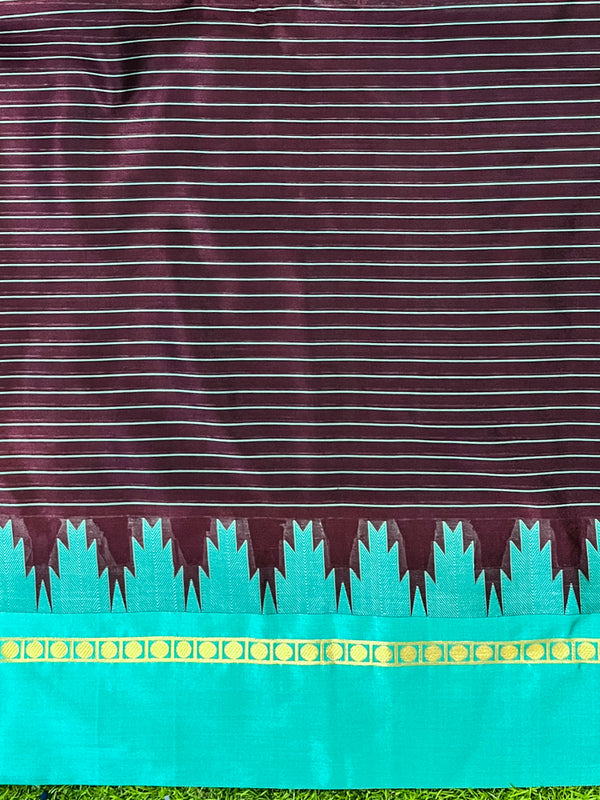 Banarasee Handloom Semi Silk Saree With Zari Checks Design & Temple Border-Burgundy & Green