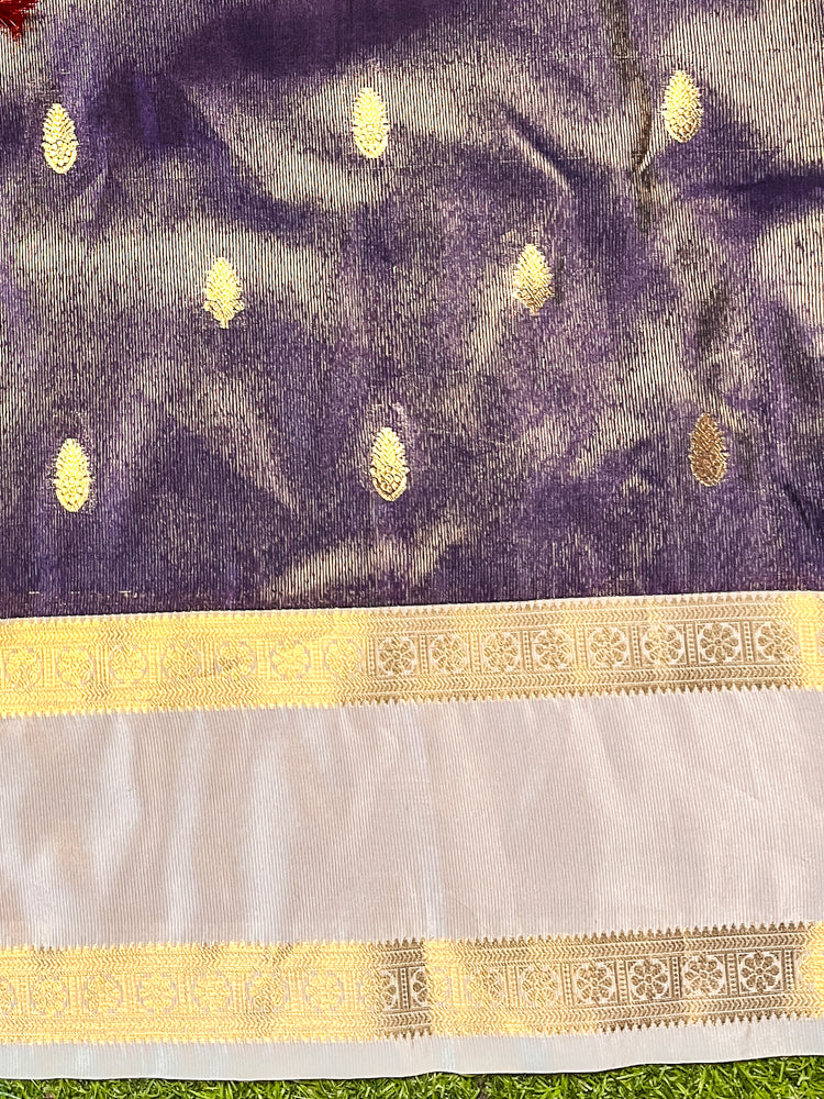 Banarasee Handloom Semi Silk Saree With Zari Buti Design & Contrast Border-Purple & White