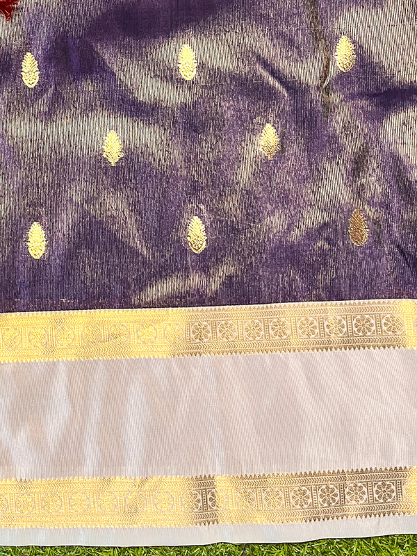 Banarasee Handloom Semi Silk Saree With Zari Buti Design & Contrast Border-Purple & White
