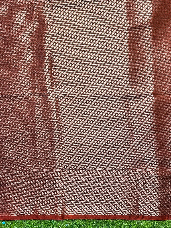 Banarasee Handloom Semi Silk Saree With Zari Buti Design & Lace Border-Dark Rust