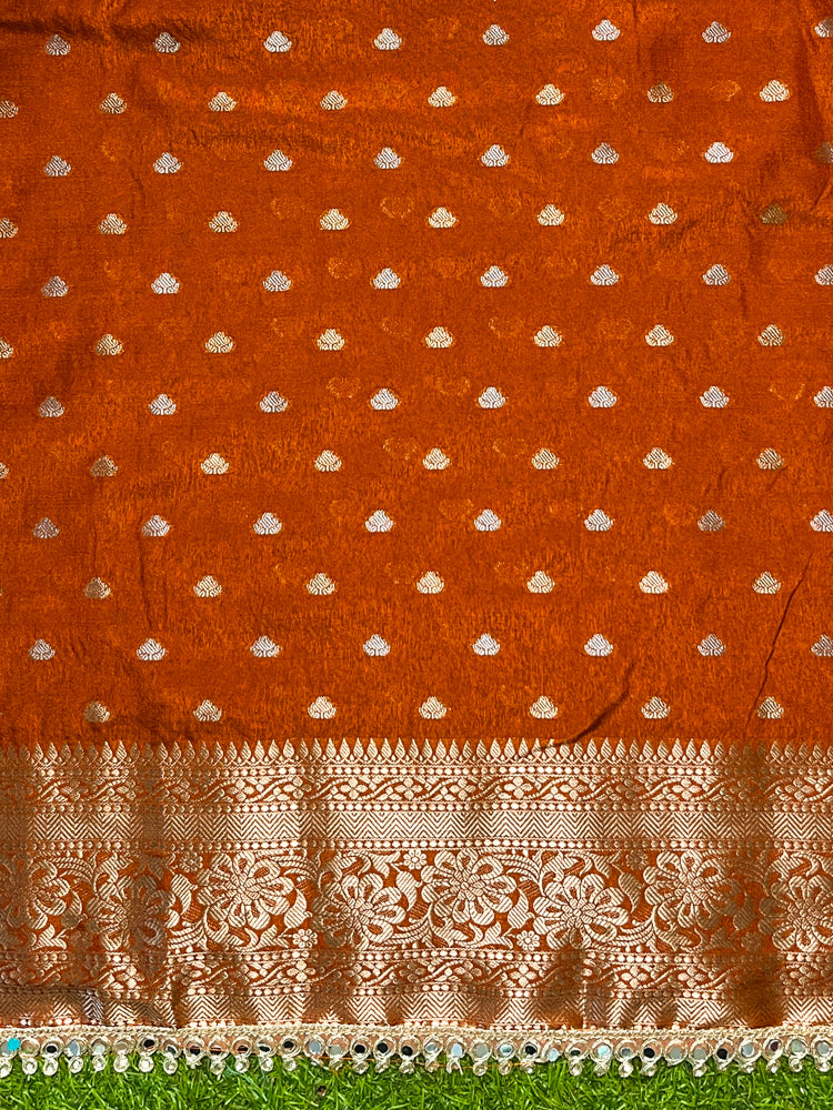 Banarasee Handloom Semi Silk Saree With Zari Buti Design & Lace Border-Rust