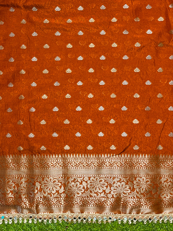 Banarasee Handloom Semi Silk Saree With Zari Buti Design & Lace Border-Rust