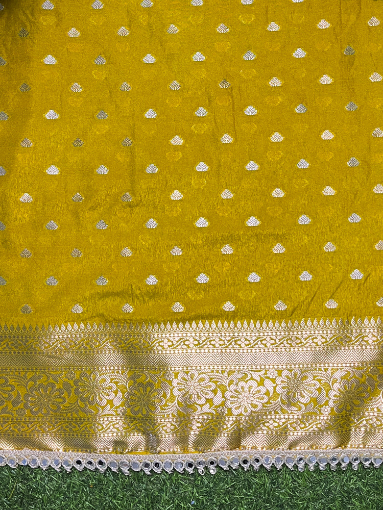 Banarasee Handloom Semi Silk Saree With Zari Buti Design & Lace Border-Yellow