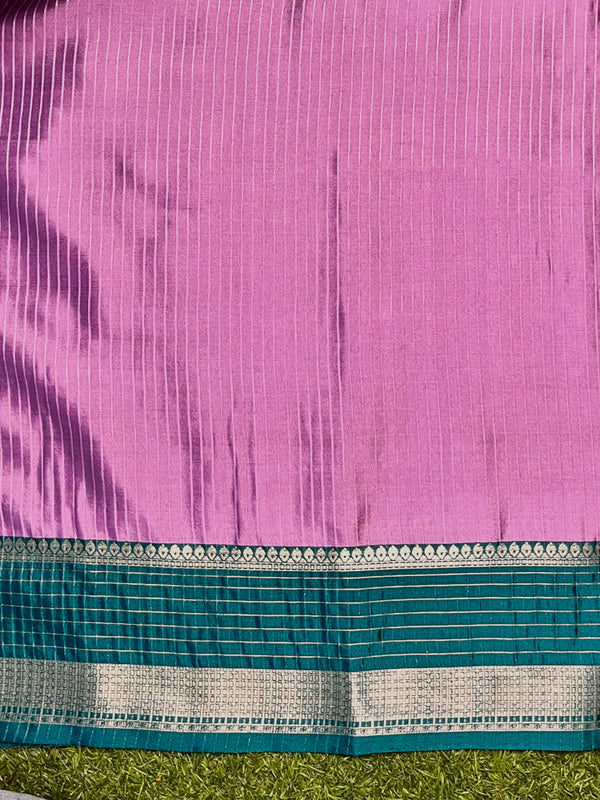 Banarasee Handloom Semi Silk Saree With Zari Stripe Design & Contrast Border-Onion Pink & Teal Green