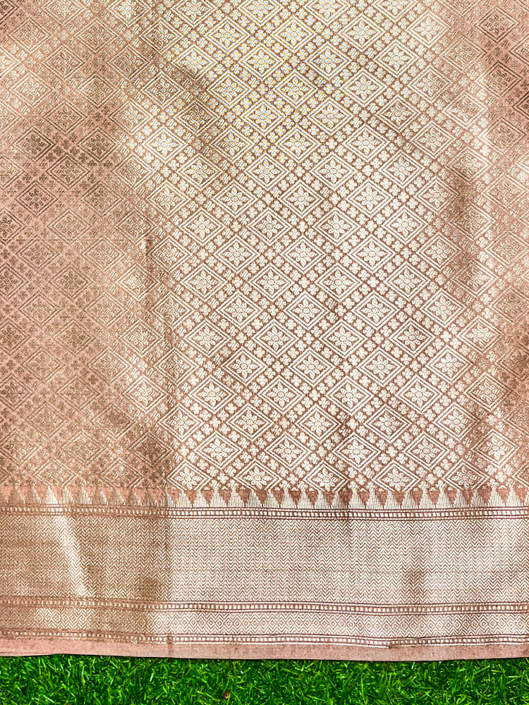 Banarasee Handloom Semi Silk Plain Saree With Zari Woven Border-Dusty Peach