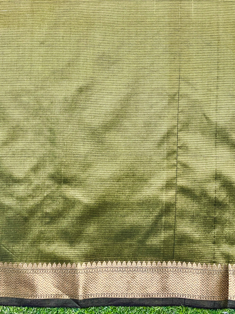Banarasee Handloom Cotton Silk Plain Saree With Contrast Pallu & Border-Black & Green