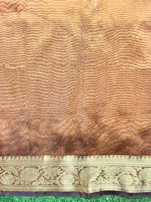 Banarasee Handwoven Plain Tissue Saree With Zari Border & Lace-Brown