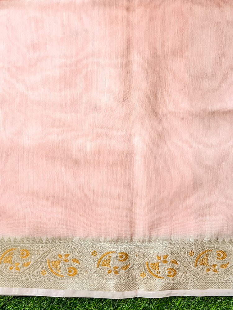 Banarasee Cotton Silk Plain Saree With Floral Zari Border-Pastel Peach
