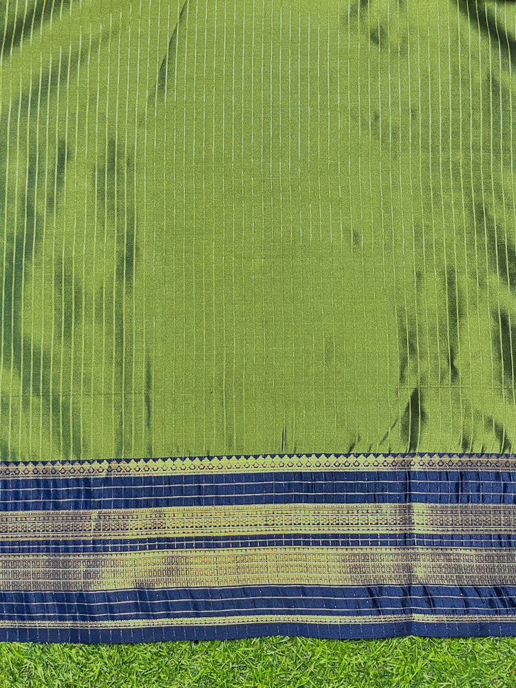 Banarasee Handloom Semi Silk Saree With Zari Buta Work & Contrast Border-Green & Blue