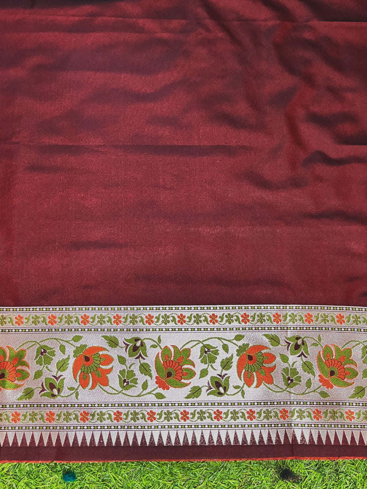 Banarasee Handloom Semi Katan Meena Work Saree-Burgundy