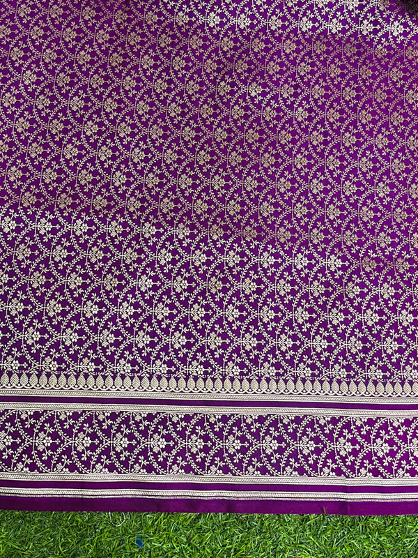Banarasee Handwoven Plain Semi Katan Saree With Gold Zari Border-Violet