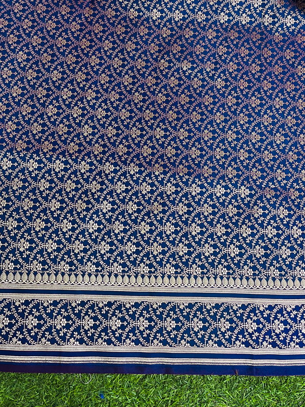Banarasee Handwoven Plain Semi Katan Saree With Gold Zari Border-Blue
