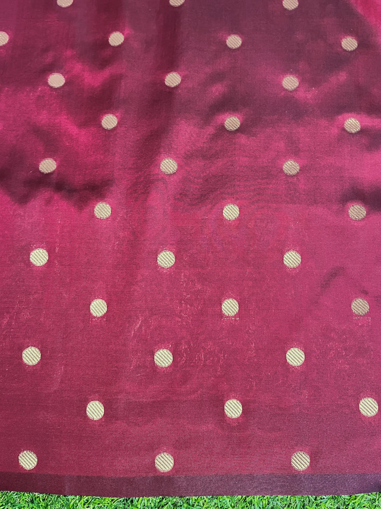 Banarasee Handloom Plain Semi Katan Saree With Gold Zari Border-Burgundy