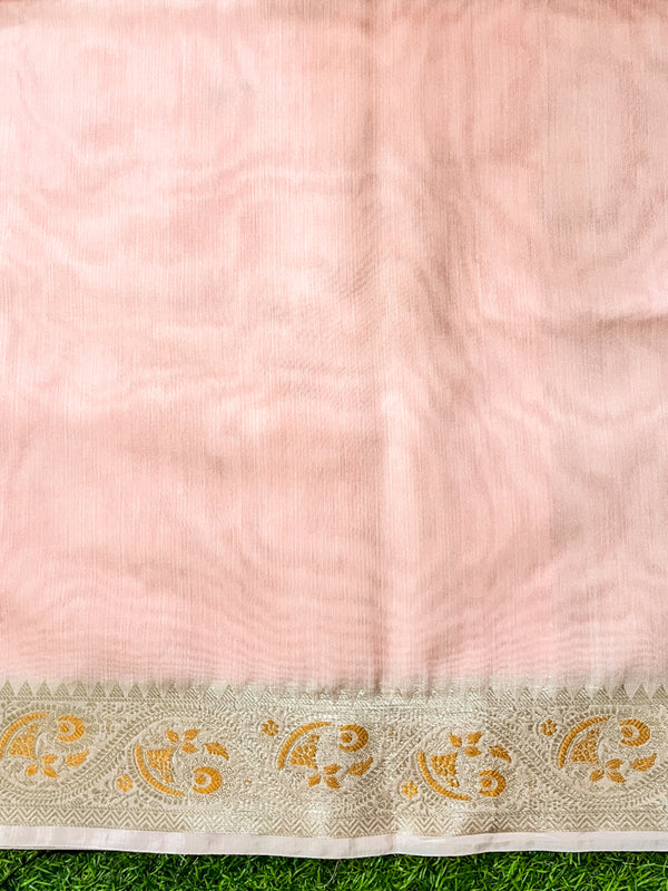 Banarasee Cotton Silk Plain Saree With Floral Zari Border-Pastel Peach