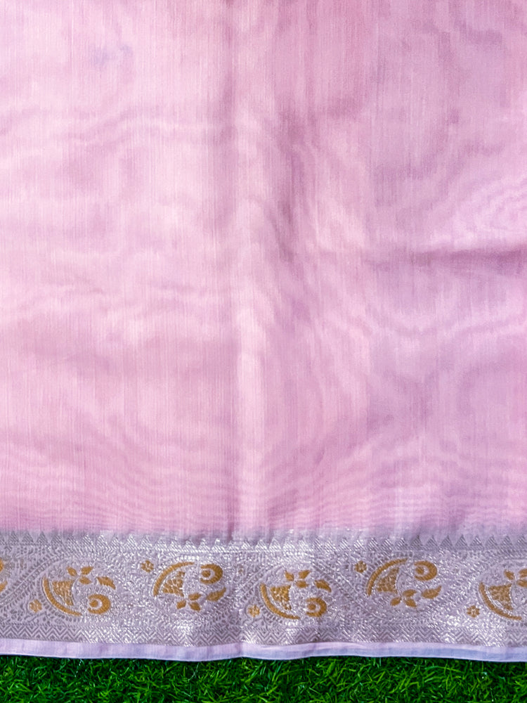 Banarasee Cotton Silk Plain Saree With Floral Zari Border-Pastel Pink