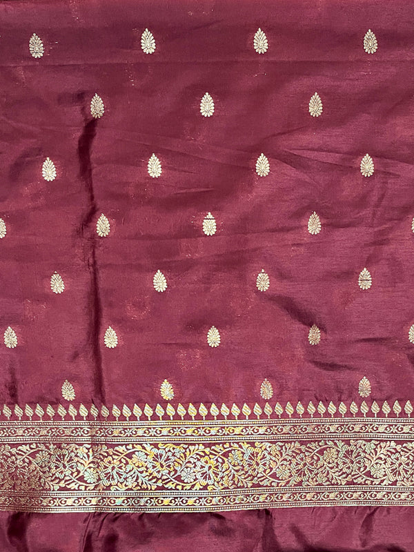 Banarasee Handloom Semi Silk Saree With Sona Rupa Zari Work & Border-Burgundy