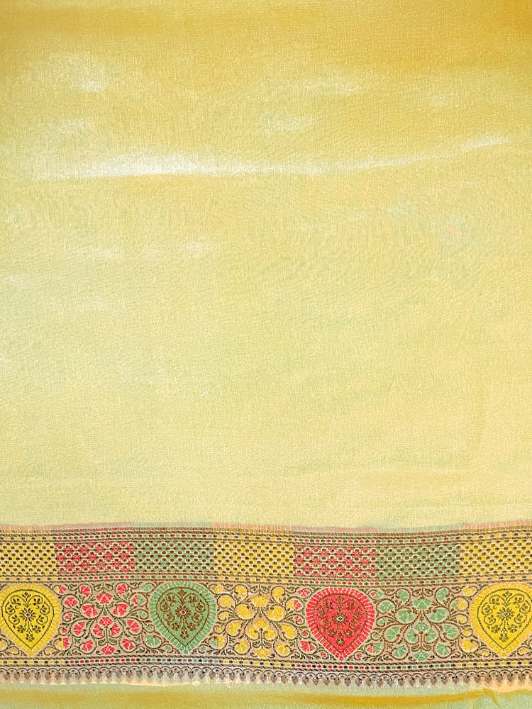 Banarasee Pure Chiffon Saree With Resham Buta Work & Border-Lemon Yellow