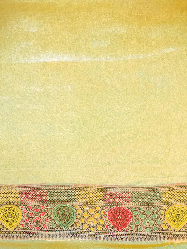 Banarasee Pure Chiffon Saree With Resham Buta Work & Border-Lemon Yellow