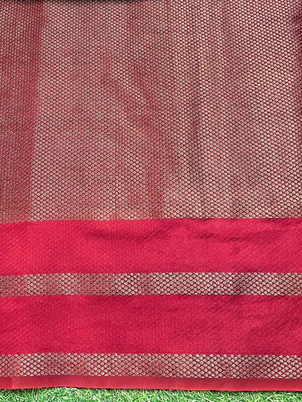 Banarasee Semi Chiffon Saree With Floral Jaal Work & Contrast Border-Green & Maroon