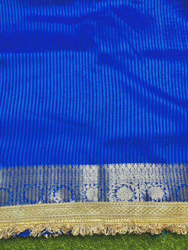 Banarasee Handloom Dual Shaded Plain Tissue Saree With Zari Border & Lace-Blue
