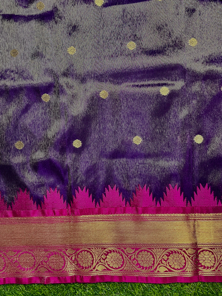Banarasee Handloom Semi Silk Saree With Buti Design & Contrast Zari Border-Violet