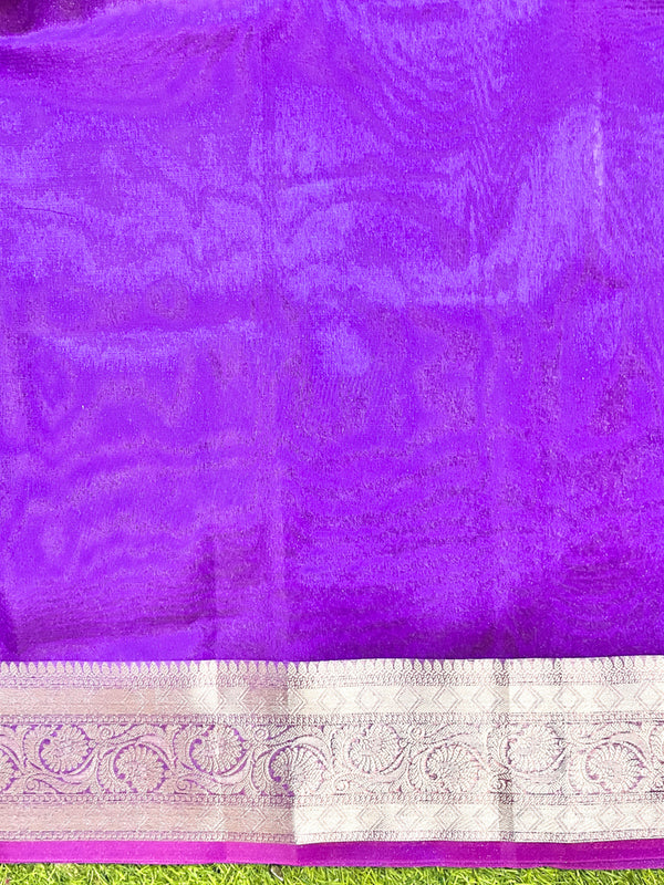 Banarasee Handwoven Plain Tissue Saree With Zari Border & Lace-Violet