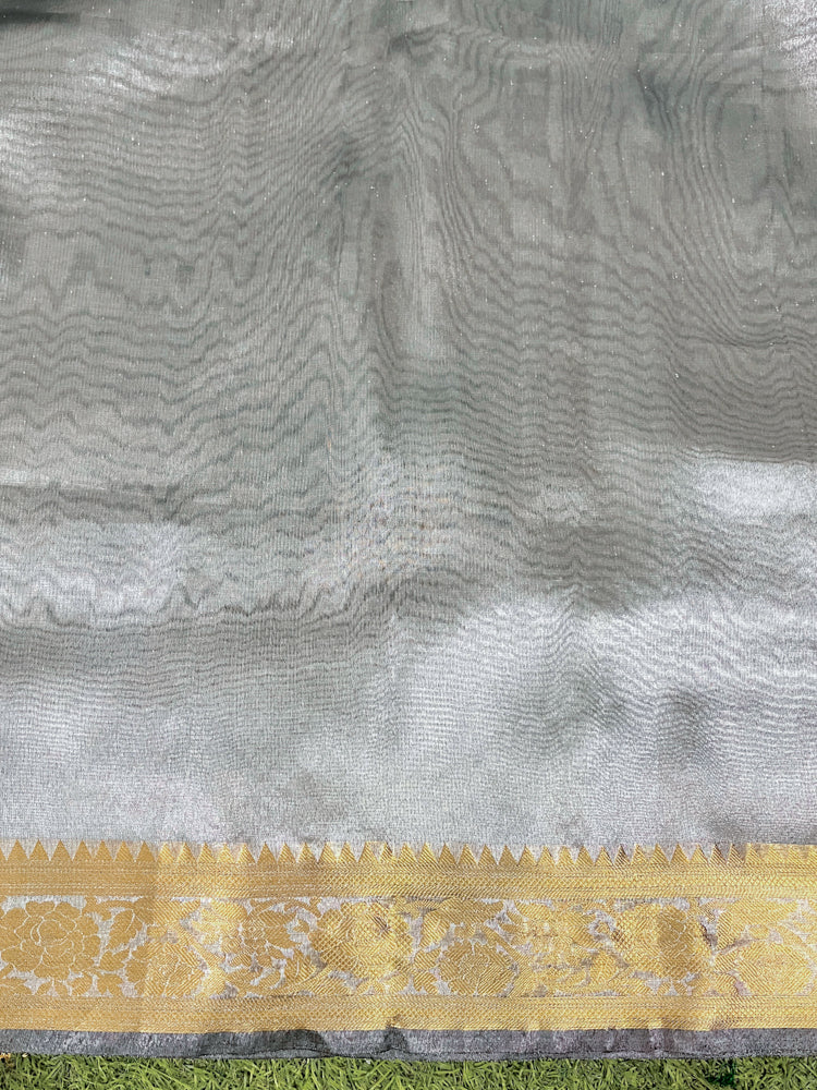 Banarasee Handwoven Plain Tissue Saree With Zari Border & Lace-Grey