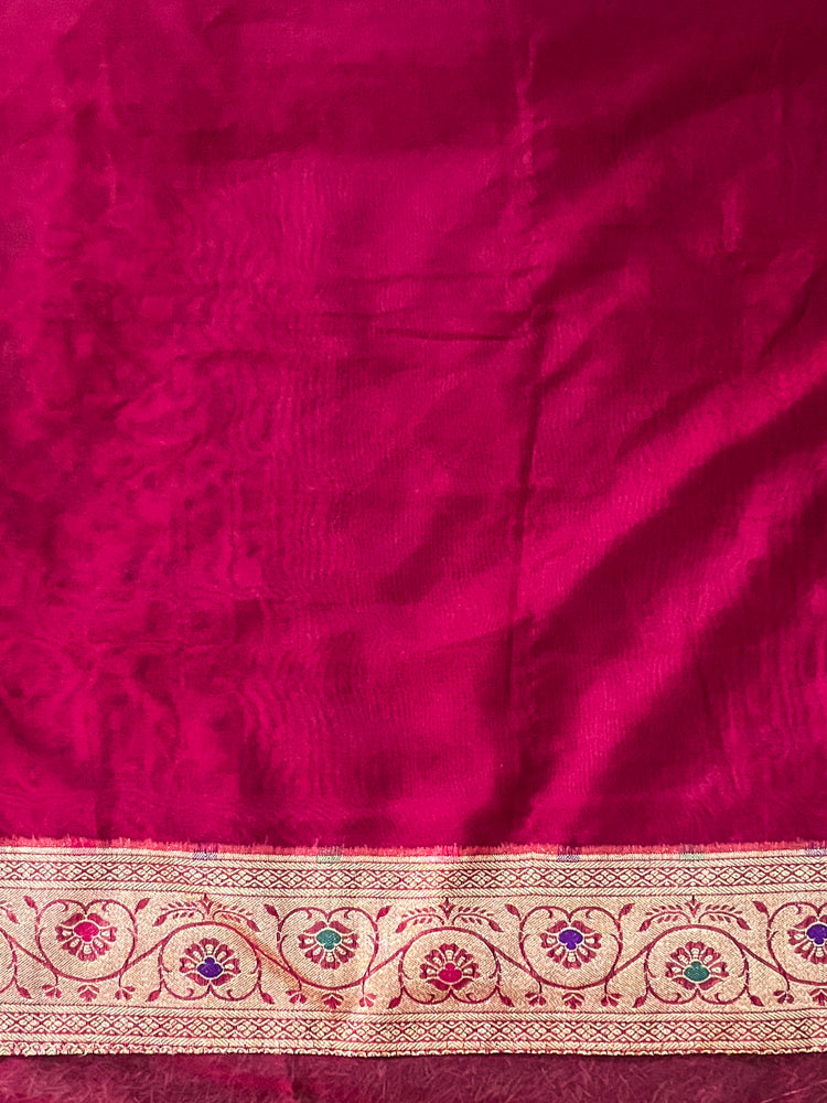 Banarasee Handwoven Georgette Saree With Zari Buta Work & Border-Magenta