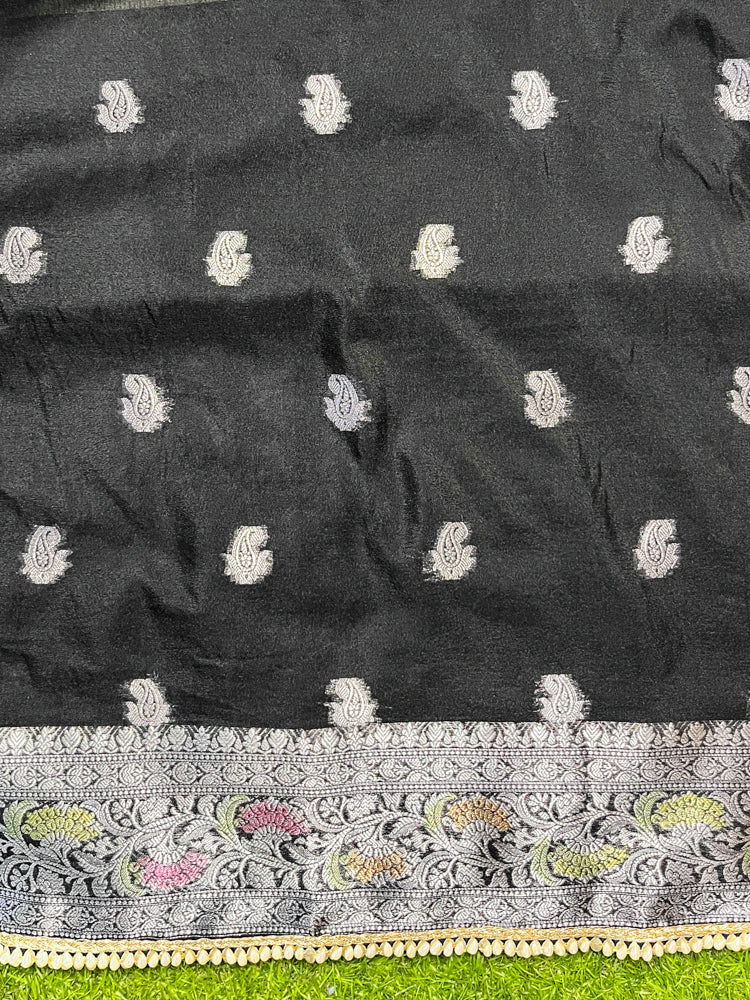Banarasee Semi Chiffon Saree With Meena Work Silver Zari Border & Lace-Black