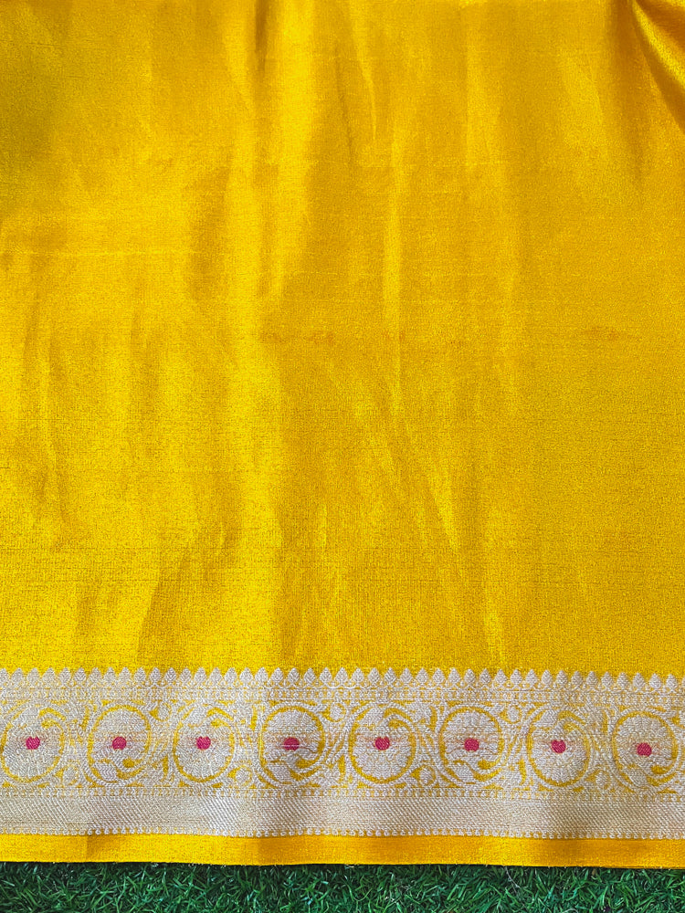 Banarasee Handloom Dual Tone Shimmer Silk Saree With Buti Design & Meena Border-Yellow