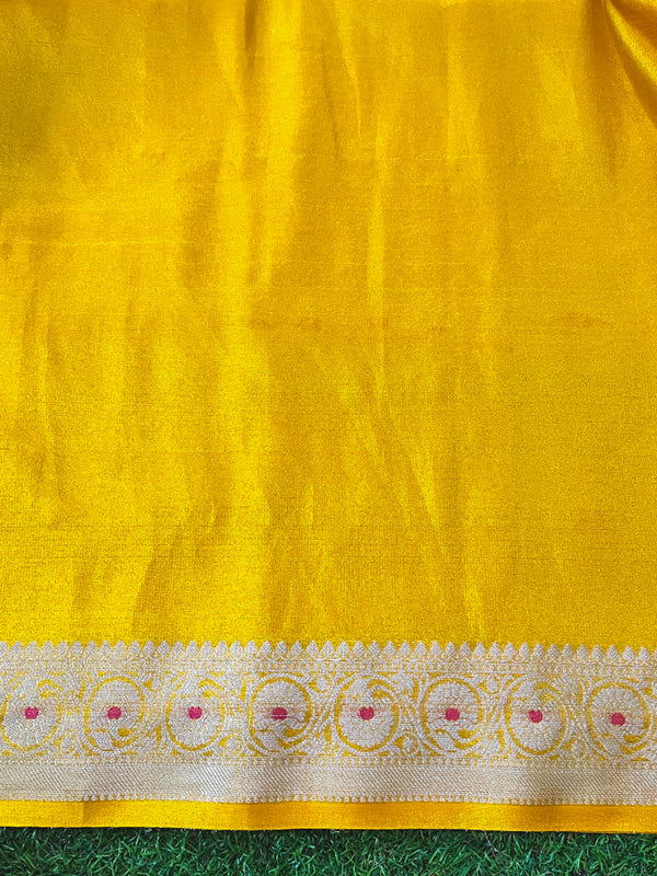 Banarasee Handloom Dual Tone Shimmer Silk Saree With Buti Design & Meena Border-Yellow